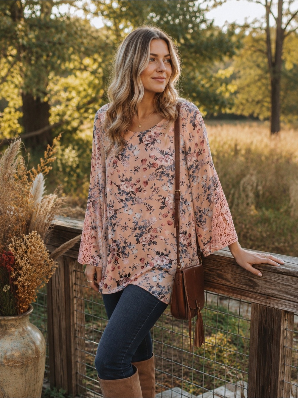 Speechless Floral Blouse XS Pink Crochet Lace Bell Sleeve Boho Cottagecore Tunic